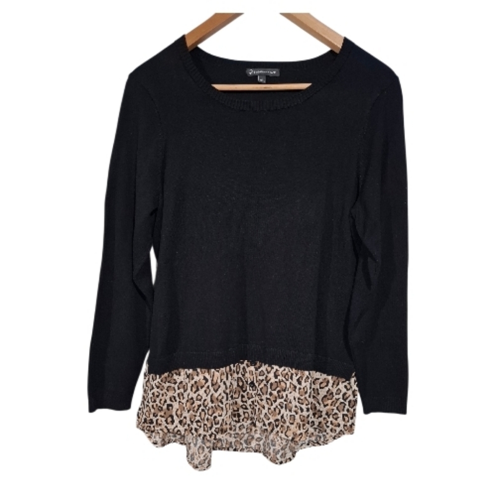 Adrianna Papell Crewneck Twofer Sweater Leopard Mixed Media Sz L Preppy Carrier